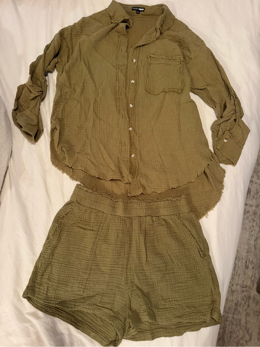 Fashion Nova Olive Green Cotton Gauze Button-Up Shirt & Shorts Set